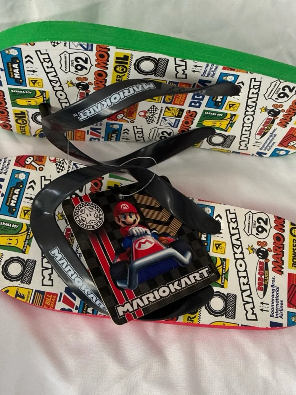 Nintendo Mario Kart Flip Flops with Black Straps and Multicolor Graphic
